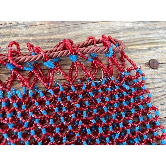 Antique Glass Beaded Pouch Draw String Purse Red Blue No lining - Picture 7 of 9